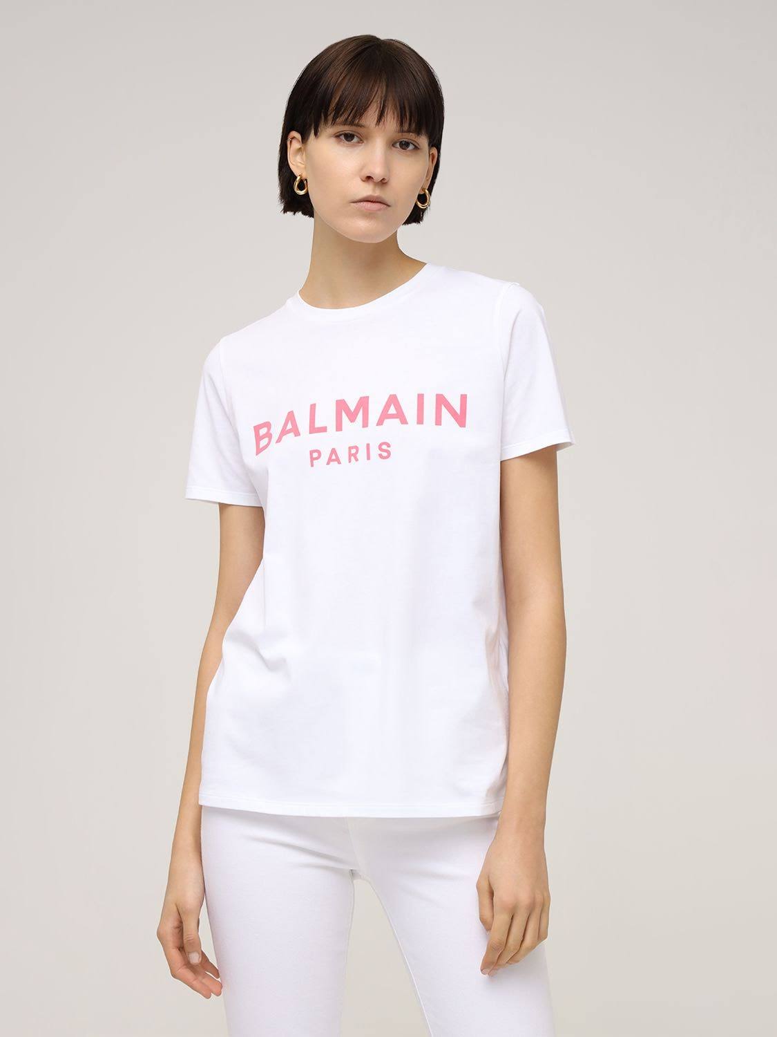 Balmain T-Shirt with Logo Print M White,Pink Cotton