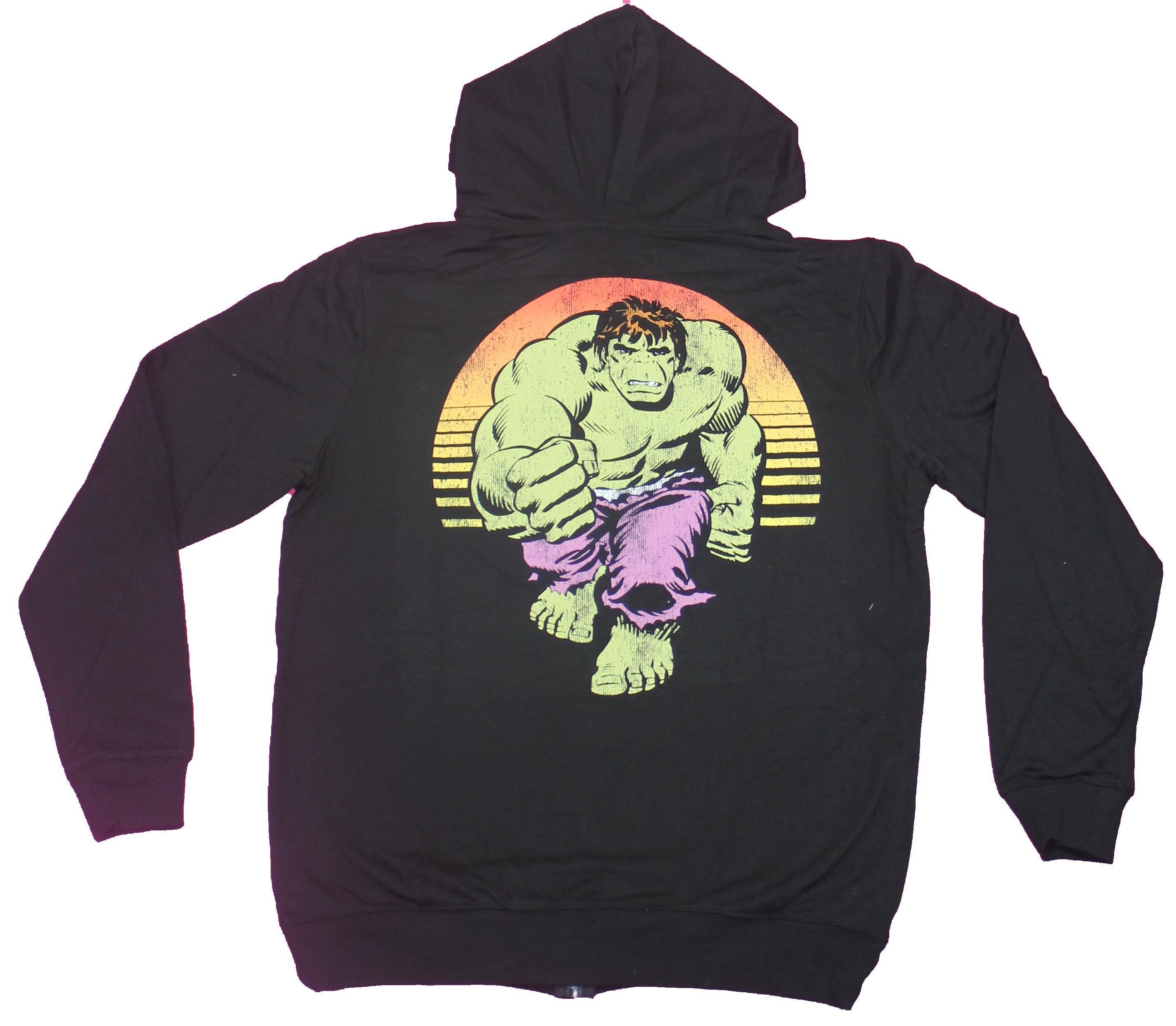 Hulk Mens Pull-Over Hoodie - Incredible Retro Pose Lapel and BACK, X-Large