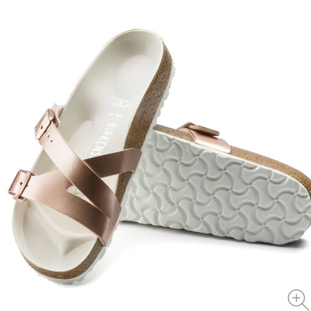 Birkenstock Shoes | Birkenstock Yao Balance Metallic Copper Slide Nwt | Color: White/Silver | Size: 5 | Pepperpickins&s Closet