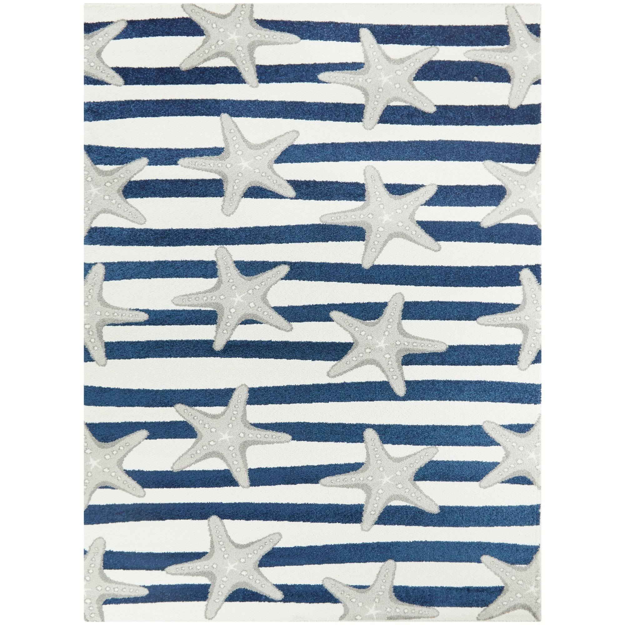 Sereia Starfish Coastal Striped Area Rug - 2&7x22 x 7& Runner - Navy/Teal