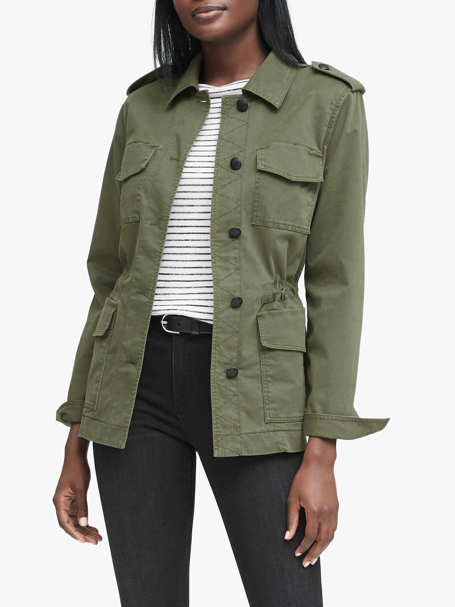 Banana Republic Women's Petite Twill Utility Jacket Deep Olive Green Petite Size S