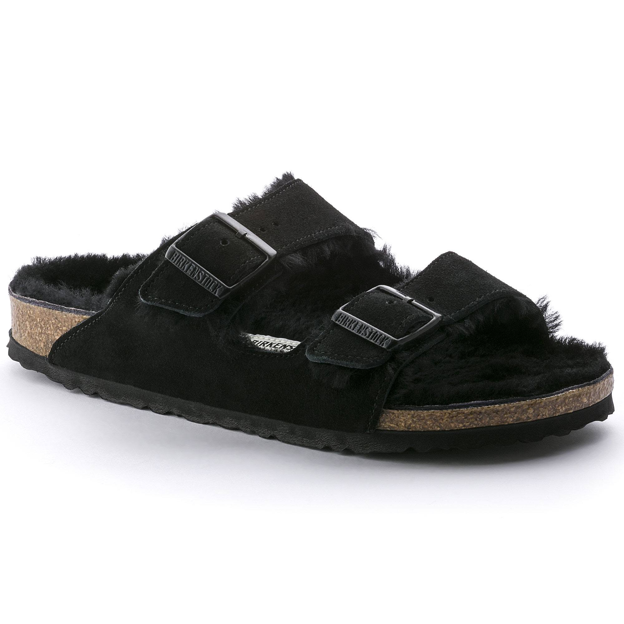 Birkenstock Arizona Suede Leather Black Shearling Two-Strap Sandals - Size 10