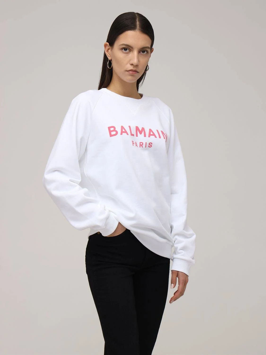 Balmain | Women Logo Printed Cotton Sweatshirt White/Pink S
