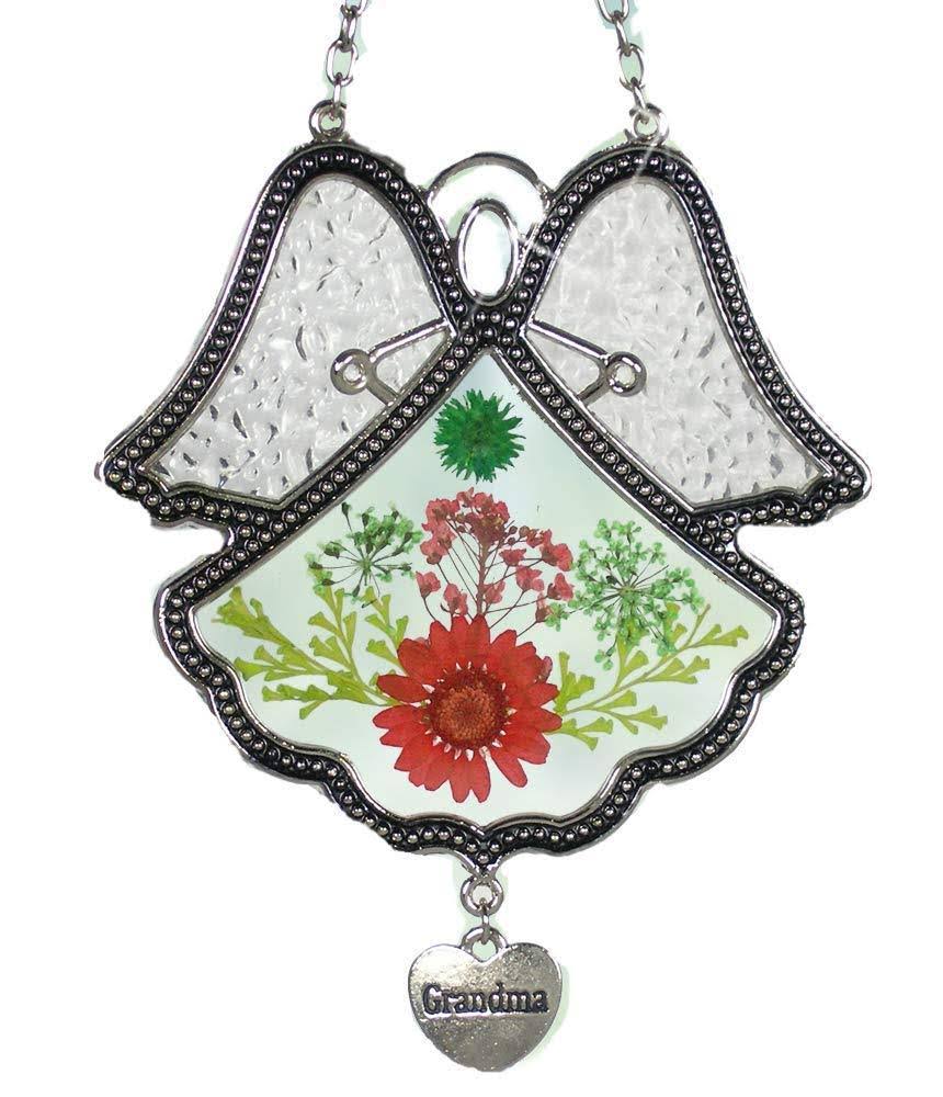 BANBERRY Designs Grandmother Angel Sun Catcher - Pressed Flowers in Glass Angel Shaped Suncatcher with Silver Heart Grandma
