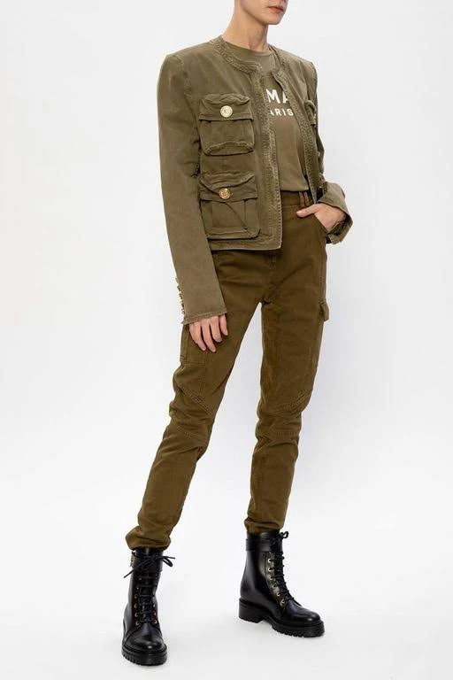 Balmain 3-Button Flocked Logo T-Shirt, Khaki, Women's, XL