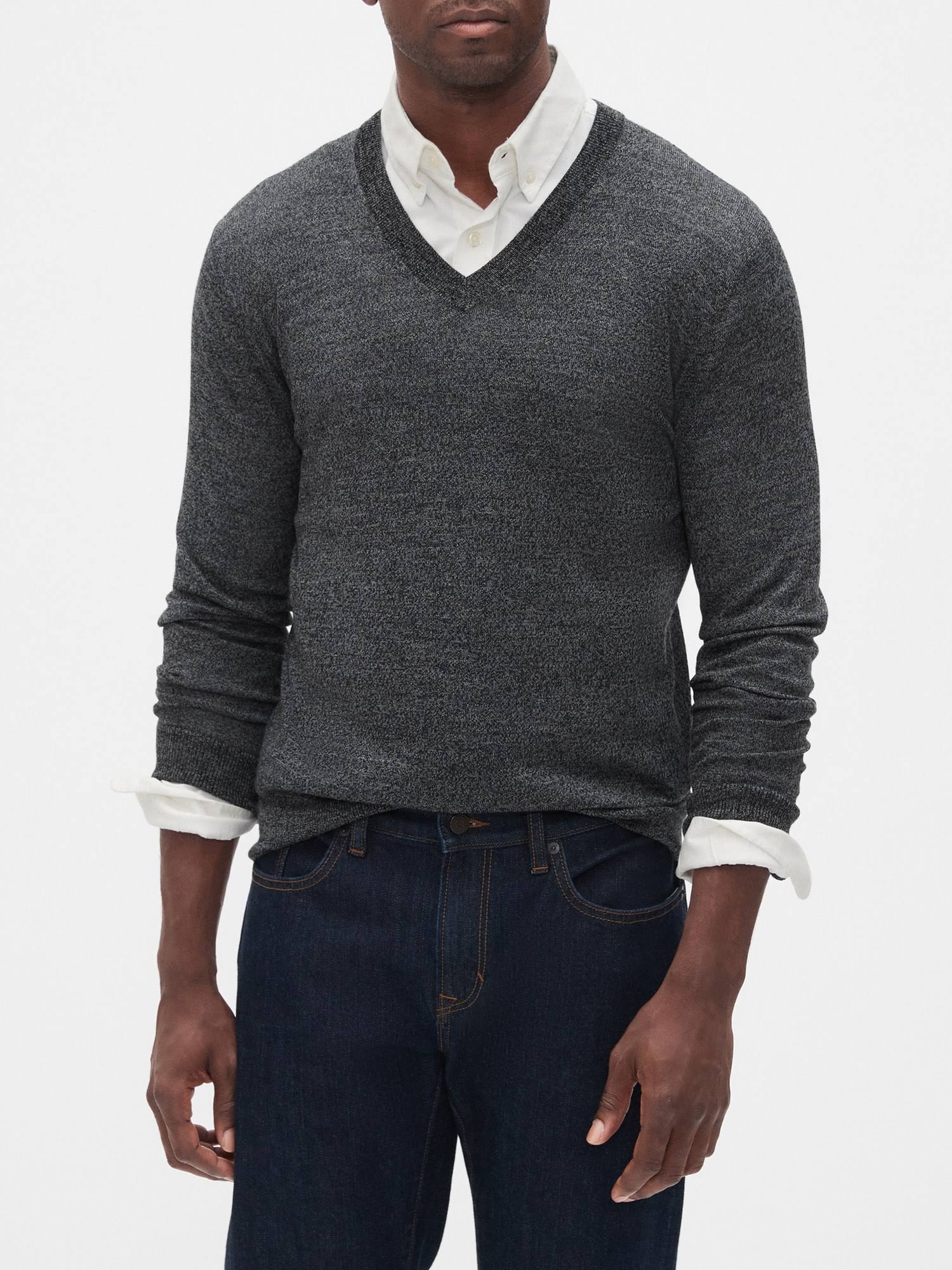 Banana Republic Factory Men's Washable Merino Wool V-Neck Sweater Dark Charcoal Regular Size M