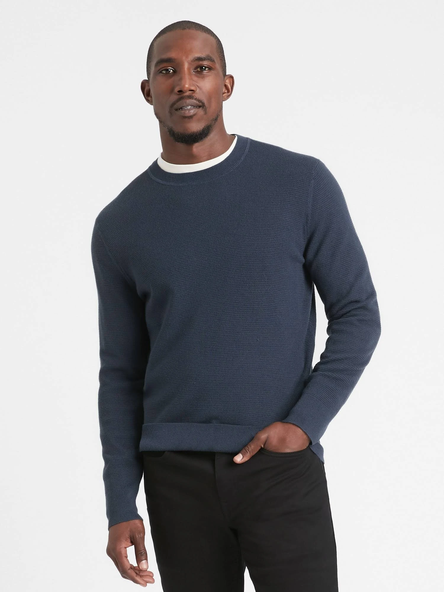 Banana Republic Men's Italian Merino Waffle-Knit Sweater Navy Sweater Weather Size S