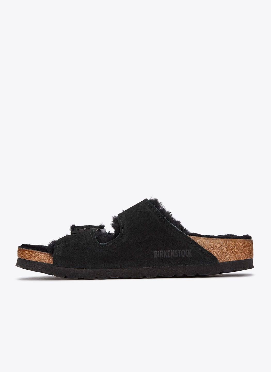 BIRKENSTOCK Arizona Suede Leather Black Shearling Two-Strap Sandals