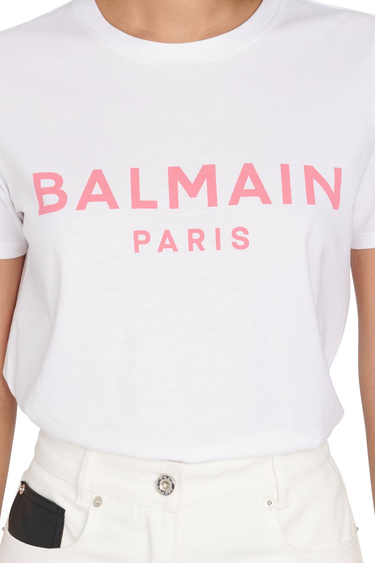 Balmain T-Shirt with Logo Print M White,Pink Cotton