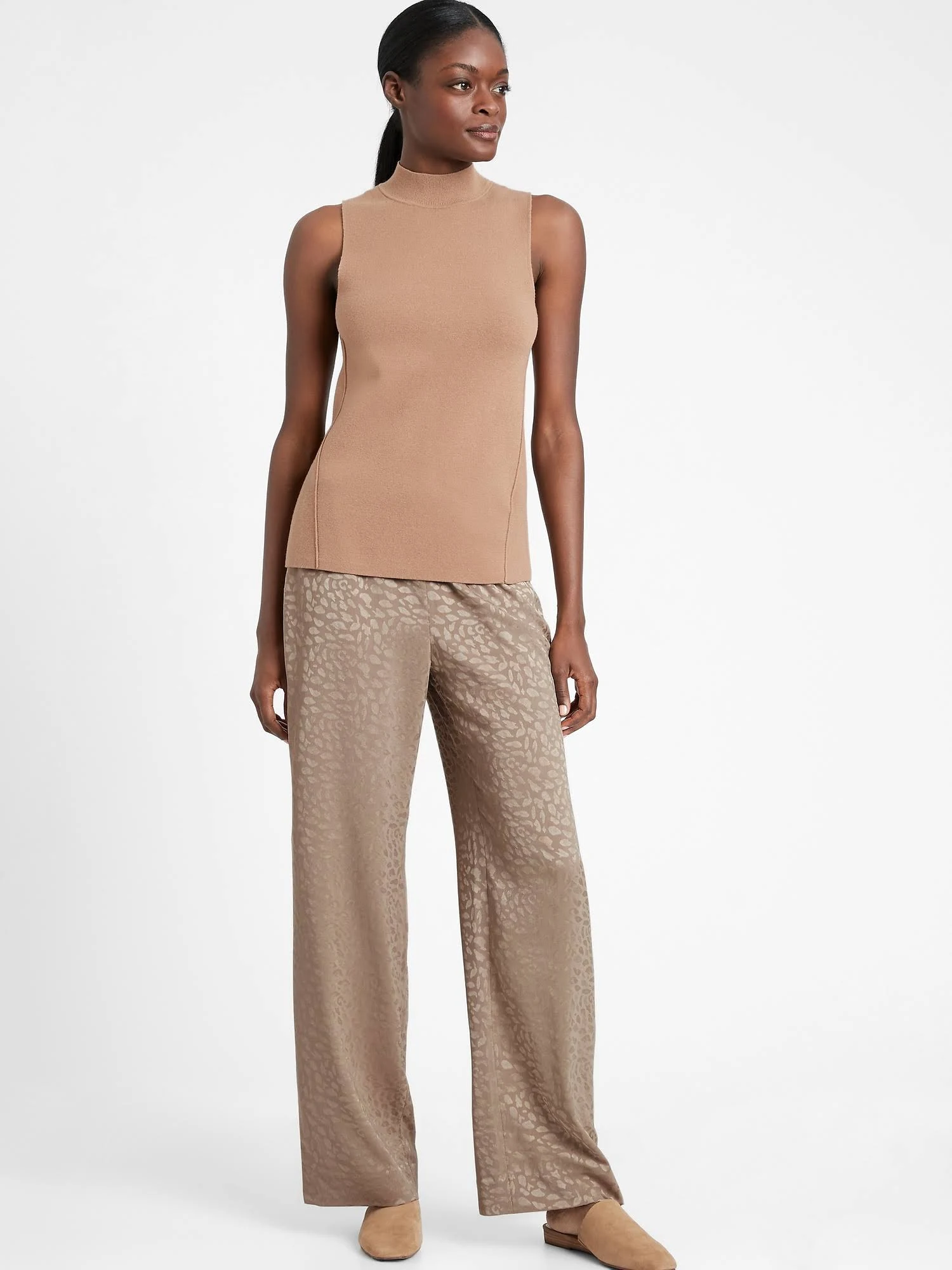 Banana Republic Women's Wide-Leg Satin Pull-On Pant Leopard Print Fresh Taupe Size L