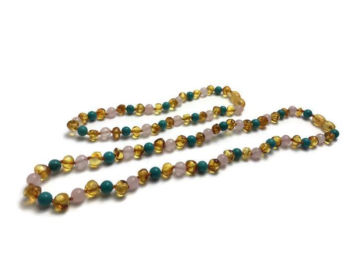 Mommy Daughter Matching Baltic Amber Teething Necklaces Polished Honey Pink Turquoise / 12.5 (5Month-5Yr) / 17x22