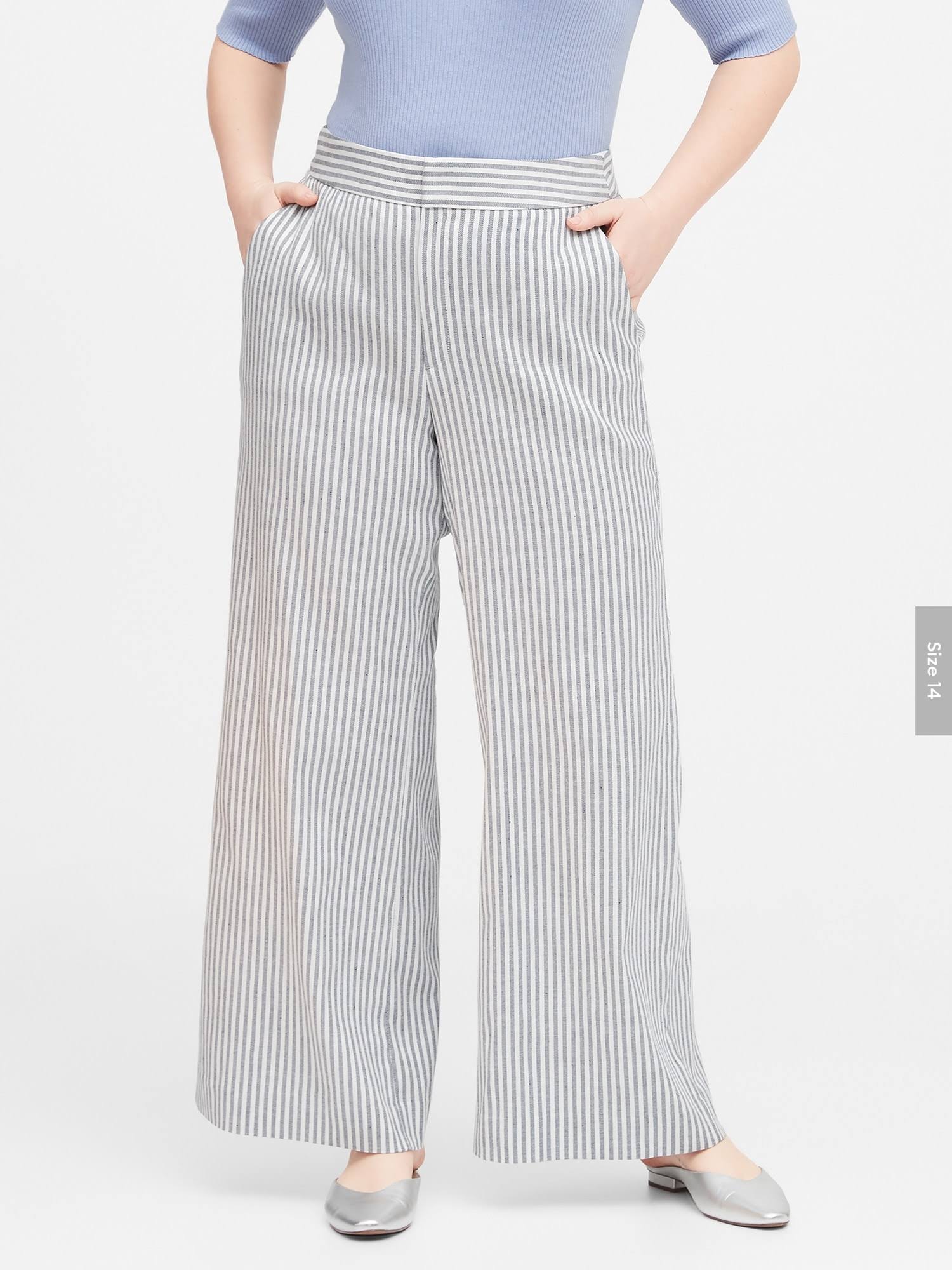 Banana Republic Women's High-Rise Wide-Leg Linen-Cotton Pant Navy Stripe Size 0 Regular