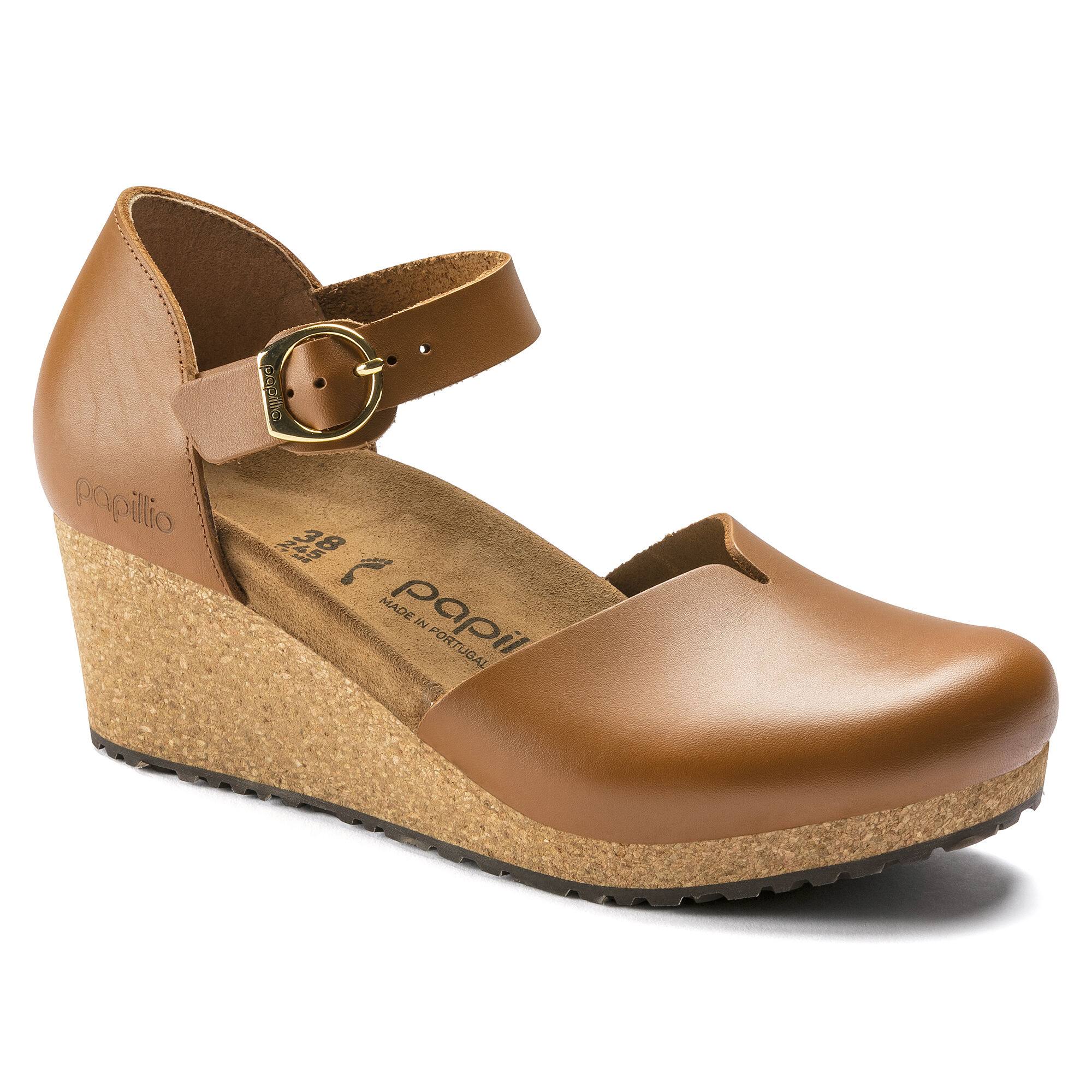 Birkenstock Papillio Mary Ring-Buckle Natural Leather Ginger Brown Wedge Heel