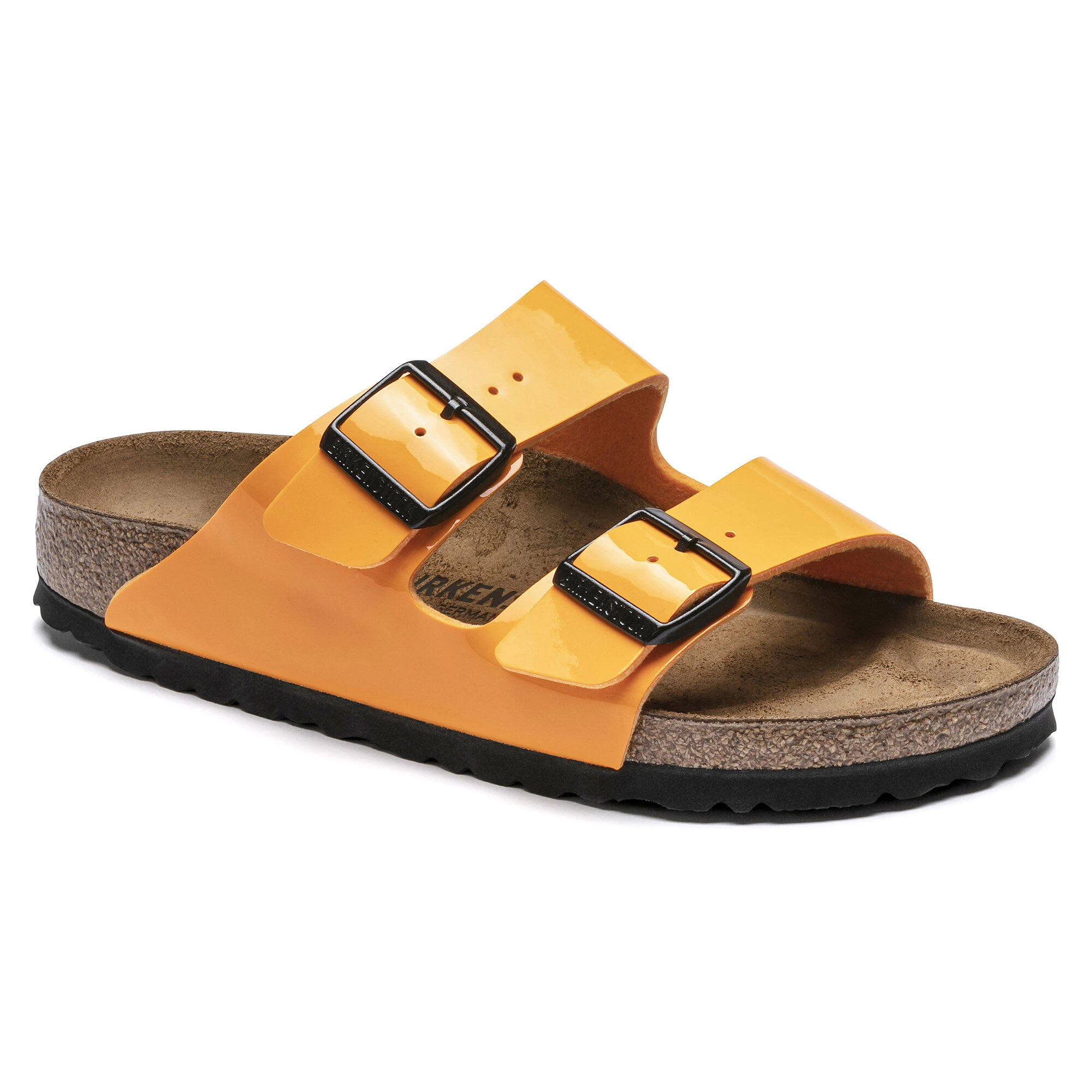 Birkenstock Arizona Birko-Flor Patent Marygold Two-Strap Sandals