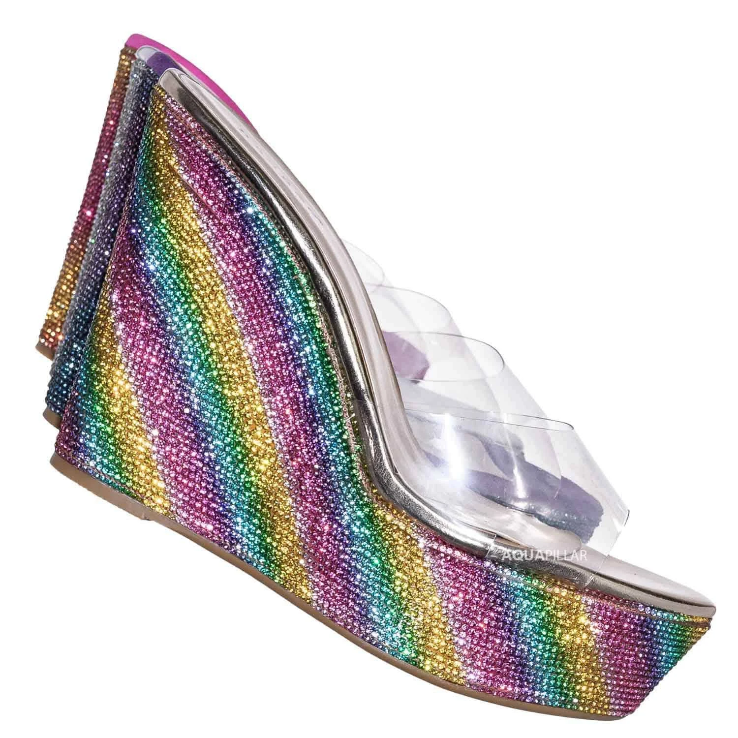 Bamboo Lucite Rhinestone Platform Wedge - Clear Transparent Slipper Sandal, Rainbow