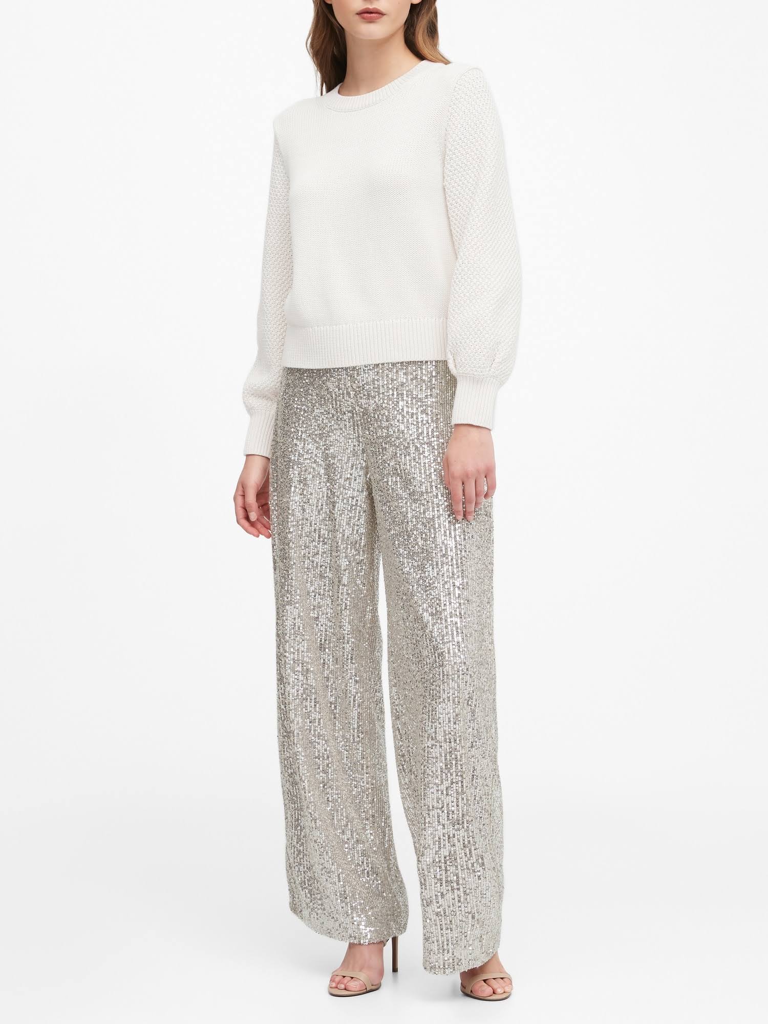 Banana Republic Women's Cotton-Blend Balloon-Sleeve Sweater Ivory White Size XXL