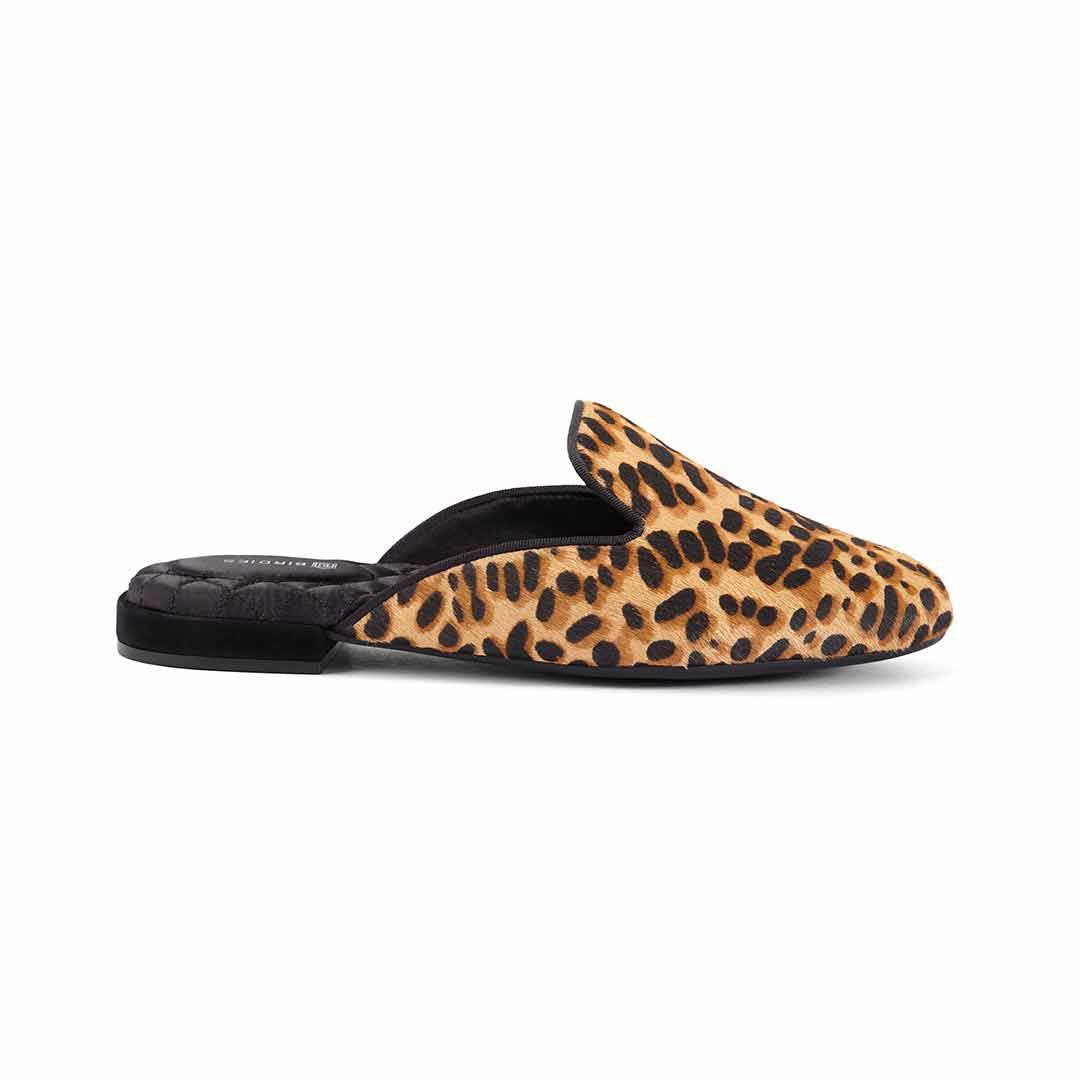 Birdies The Phoebe in Cheetah Calf Hair - Women's Comfortable Slides - Elevated Flat Mule Shoe Lined in Faux Fur with 7-Layers o
