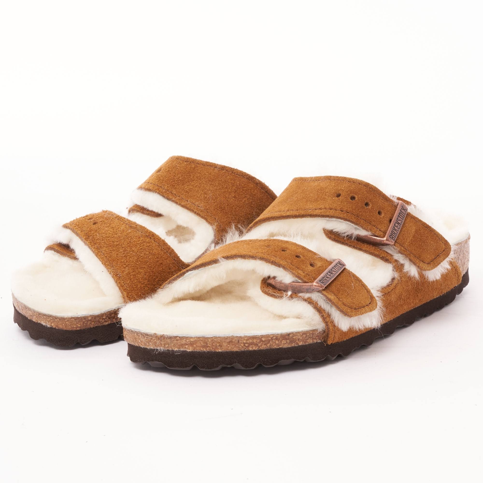 Birkenstock Arizona Suede Leather Mink Shearling Two-Strap Sandals - Size 8