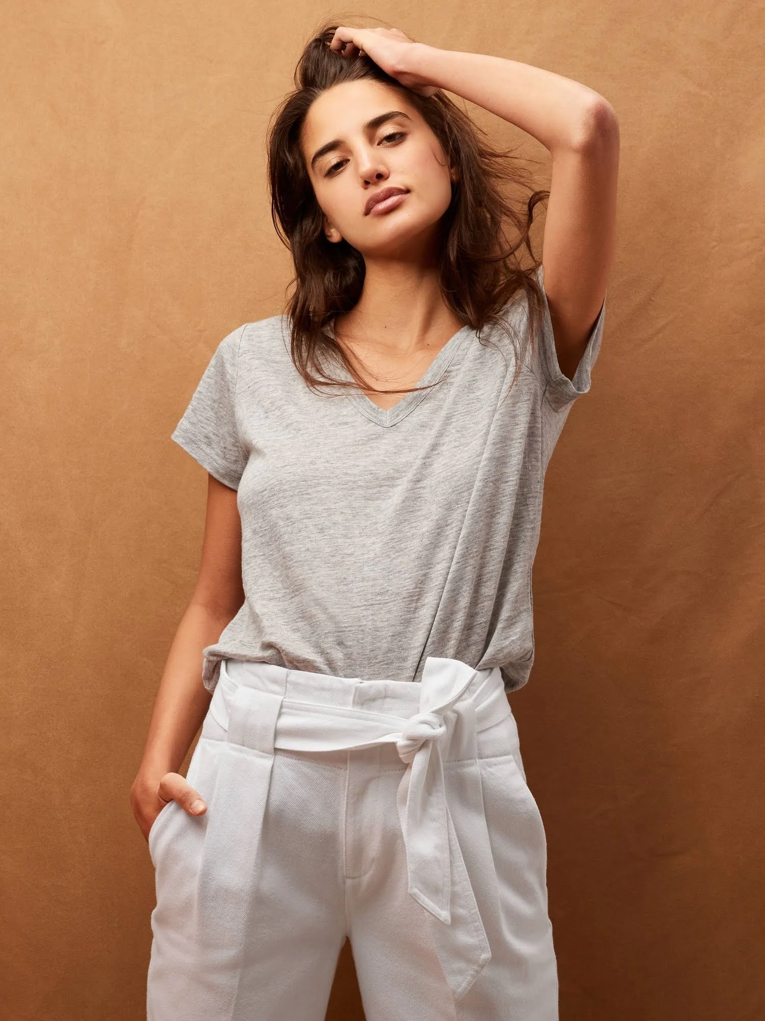 Banana Republic Women's Linen V-Neck T-Shirt Light Gray Heather Size M