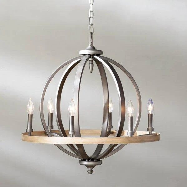 Bender 6 - Light Candle Style Wagon Wheel Chandelier with Wood Accents - Polished Nickel