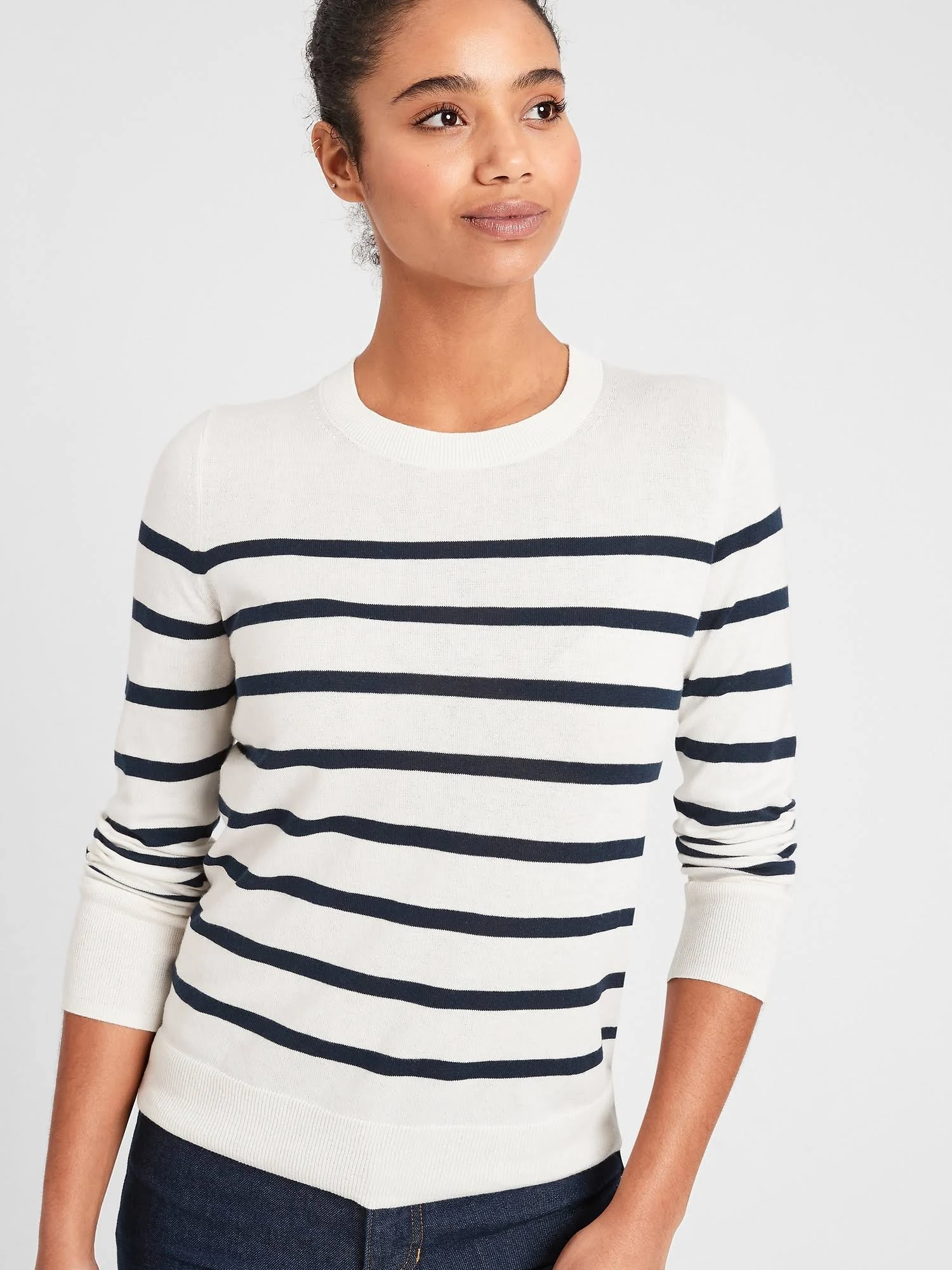 Women's Washable Forever Striped Crew-Neck Sweater Off White