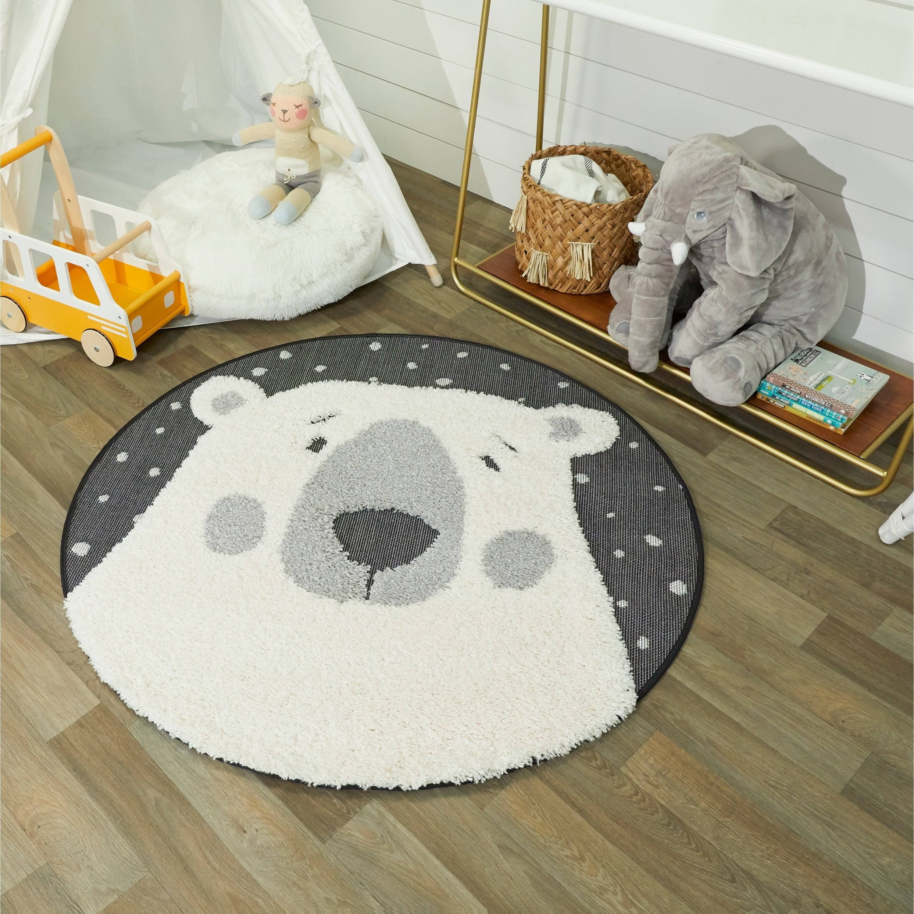 Mod-Tod Polar Bear Round Shag Kids Rug Animal Theme - 3&11x22 Round - White