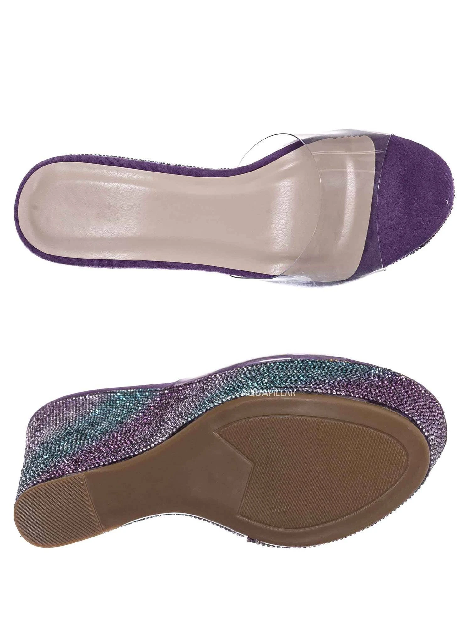 Bamboo Lucite Rhinestone Platform Wedge - Clear Transparent Slipper Sandal, Peach Purple