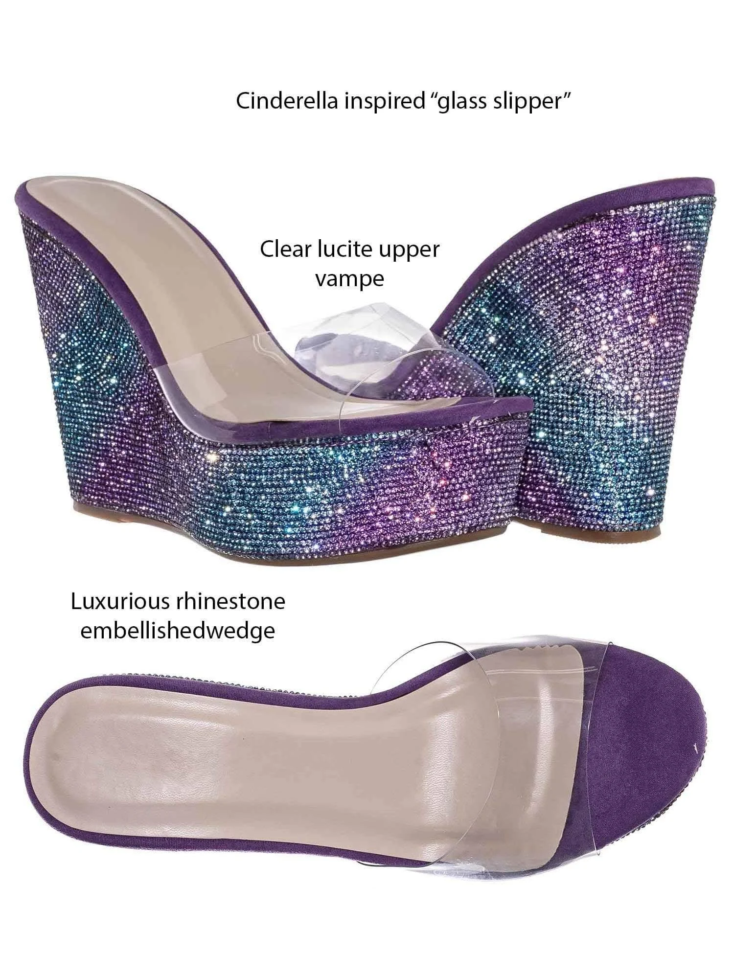 Bamboo Lucite Rhinestone Platform Wedge - Clear Transparent Slipper Sandal, Peach Purple