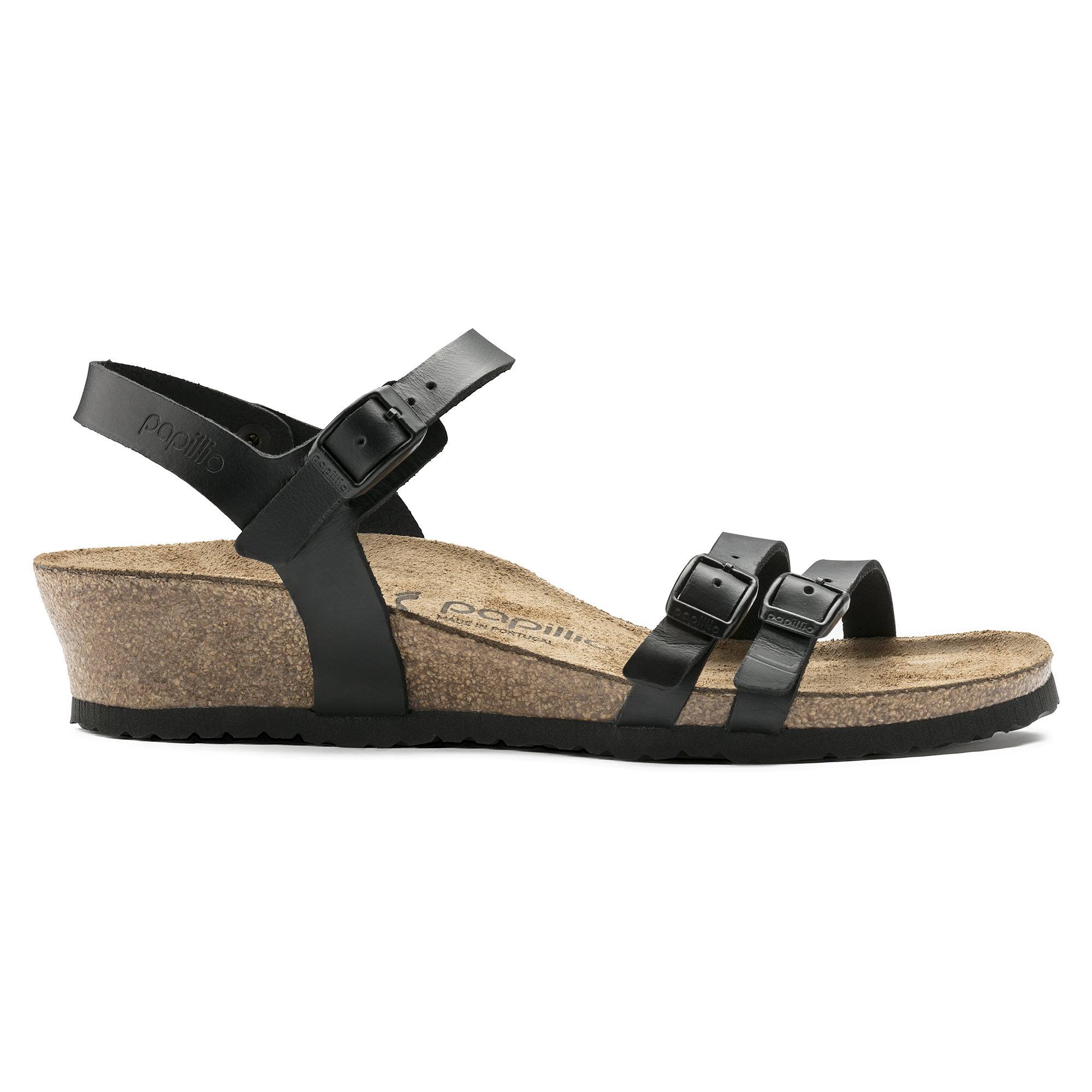 Birkenstock Papillio Lana Leather Black Cognac Women's Sandals Wedge