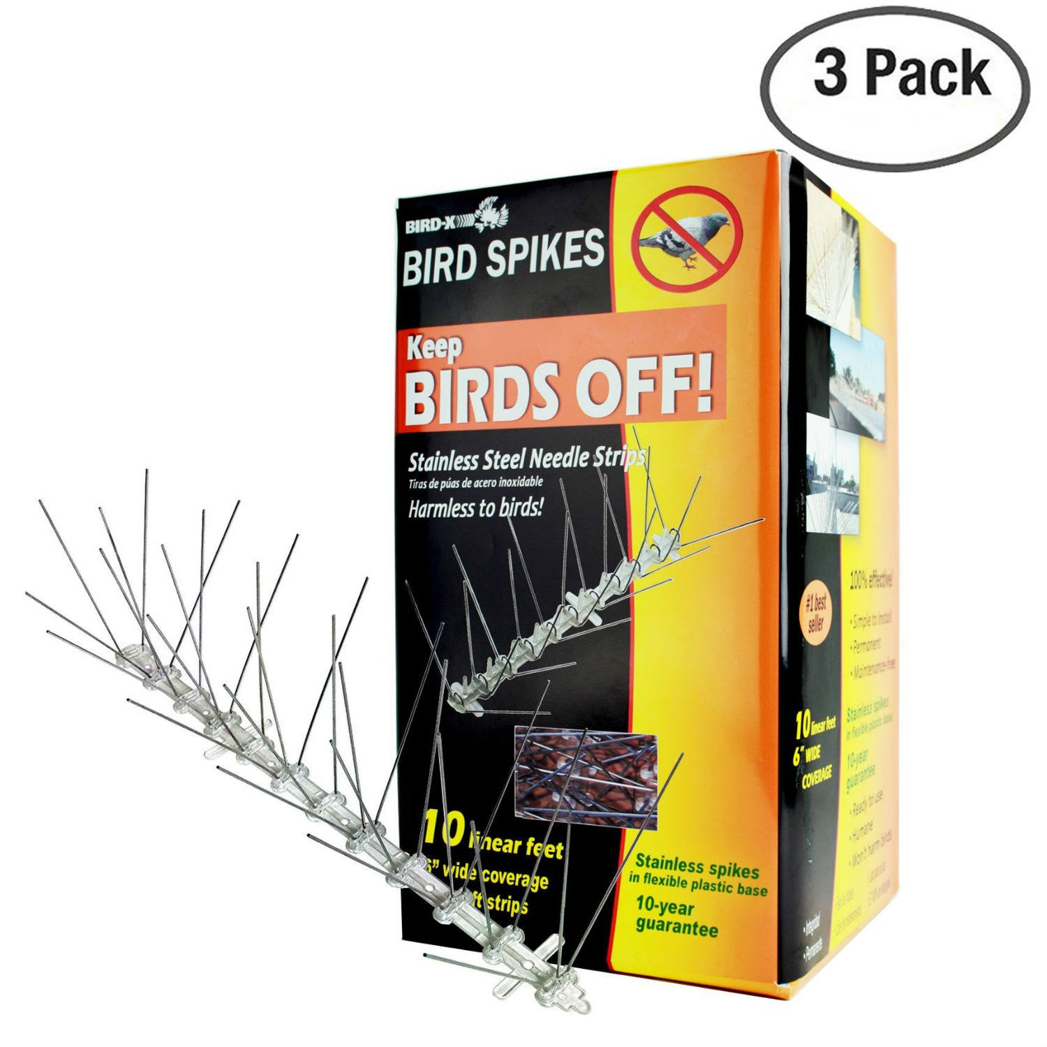 Bird-X STS-10-R Stainless Bird Spikes Kit Covers 10 Feet Set of 3