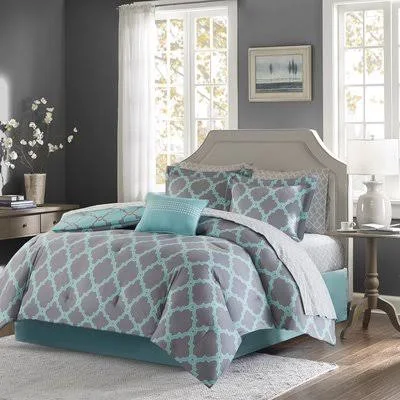 Reversible Comforter Set Size: Full Comforter + 8 Additional Pieces, Color: Aqua/Gray