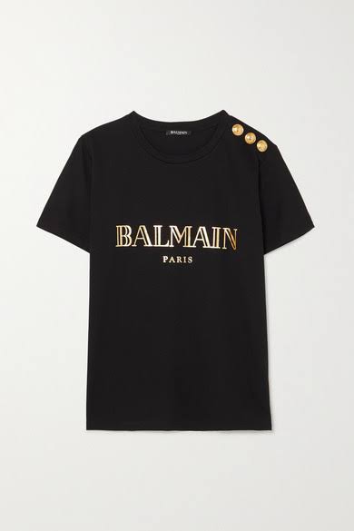 Balmain - Button-embellished Printed Cotton-jersey T-Shirt - Black