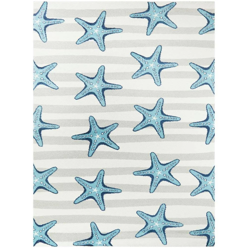 Balta Sereia Starfish Print Striped Grey/Teal 8 ft. x 10 ft. Area Rug