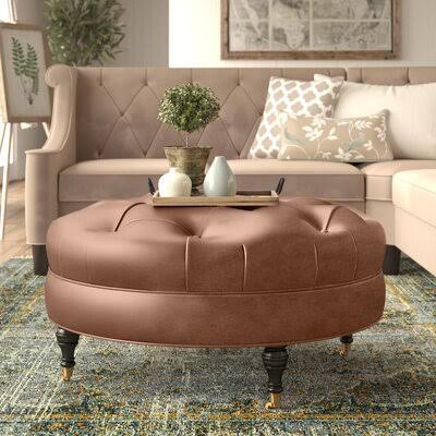 Birch Lane 37x22 Wide Genuine Leather Tufted Round Cocktail Ottoman Body Fabric: Durango Acorn, Leg Color: Black Walnut Nickel