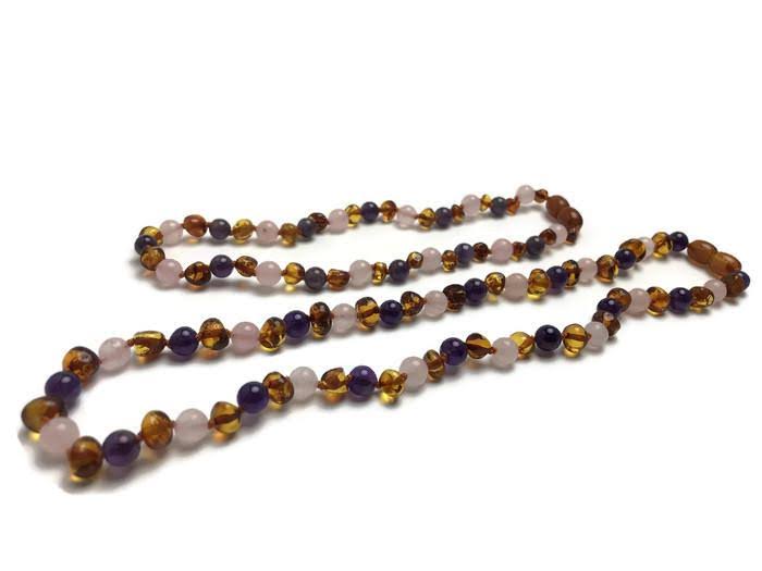 Mommy Daughter Matching Baltic Amber Teething Necklaces Polished Cognac Amethyst Pink / 12.5 (5Month-5Yr) / 19x22