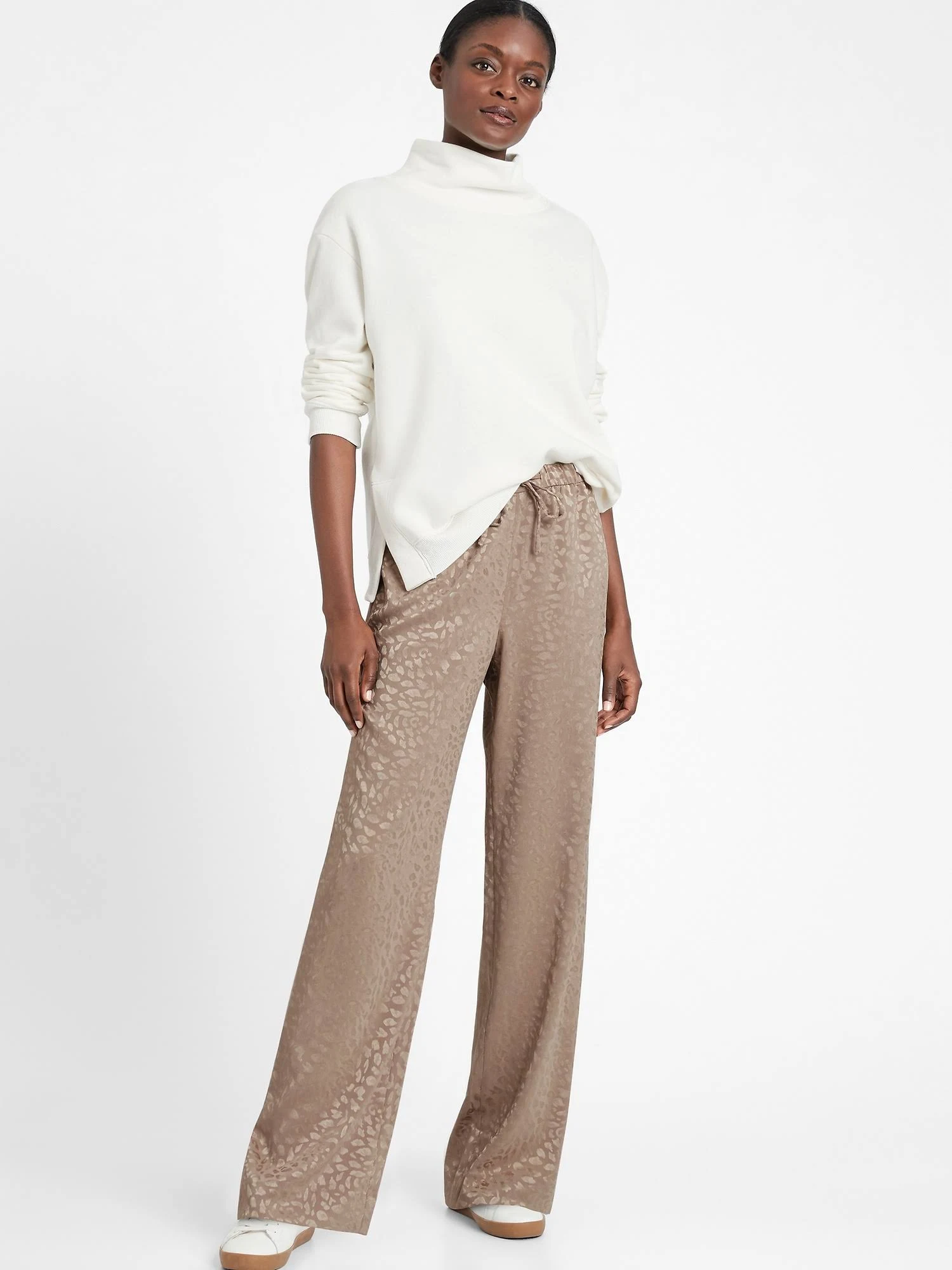Banana Republic Women's Wide-Leg Satin Pull-On Pant Leopard Print Fresh Taupe Size XL