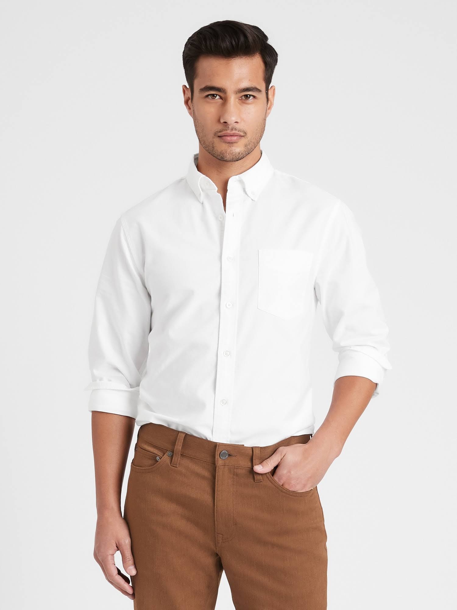 Banana Republic Men's Untucked Slim-Fit Oxford Shirt Optic White Size L