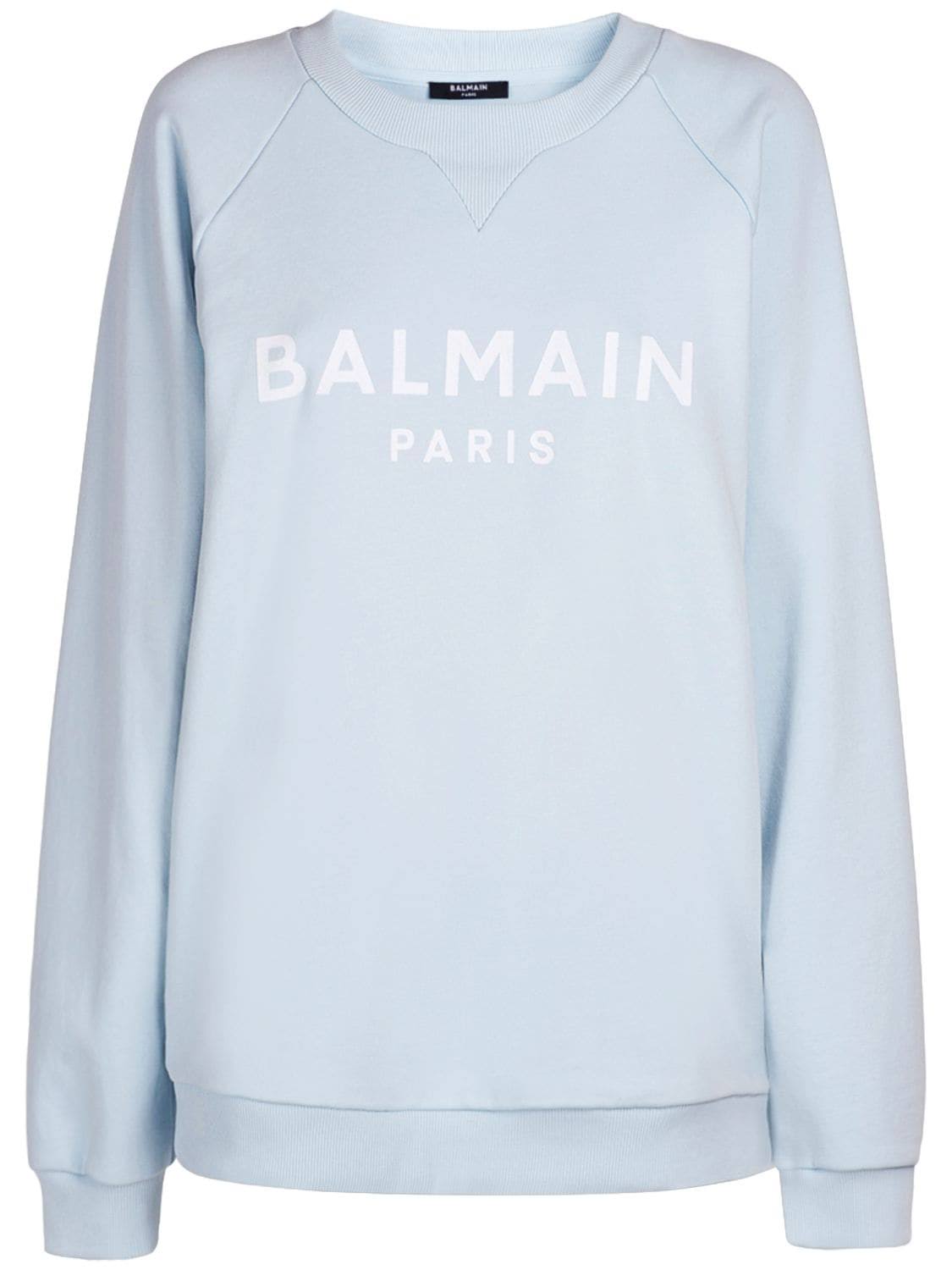 Balmain | Women Logo Printed Cotton Sweatshirt Light Blue/White S