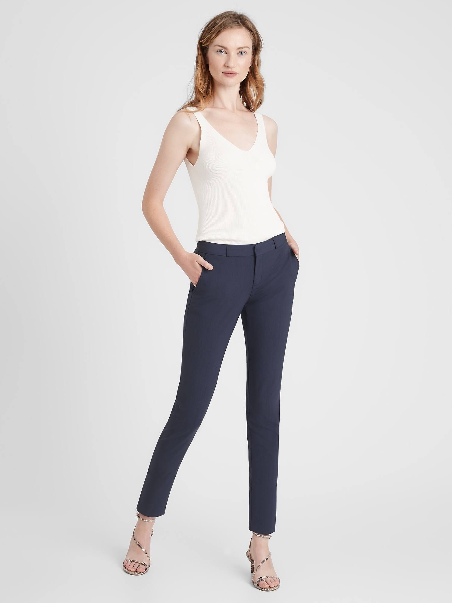 Banana Republic Women's Petite Ryan Slim Straight-Fit Washable Italian Wool Pant Navy Petite Size 14