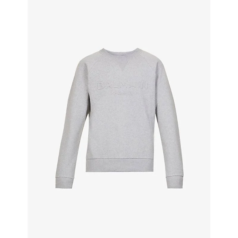 Balmain Mens Grey Logo-embossed Crewneck Cotton-jersey Sweatshirt S
