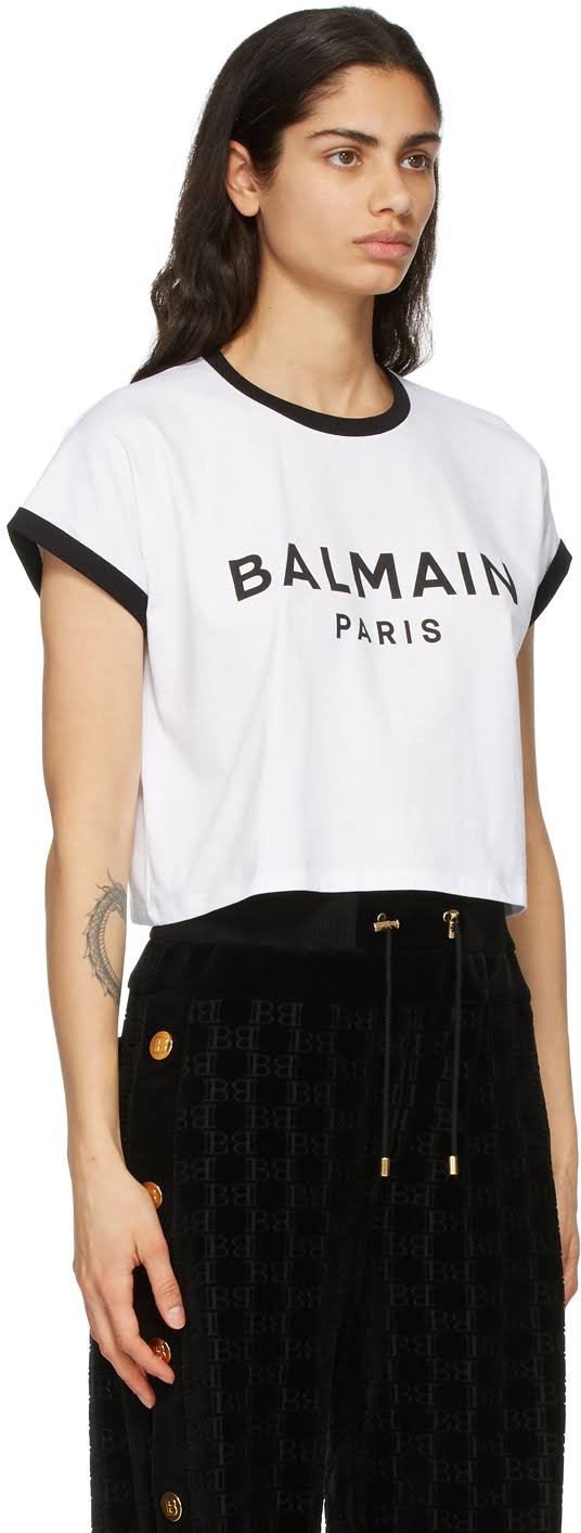 Balmain White & Black Cropped Flocked Logo T-Shirt