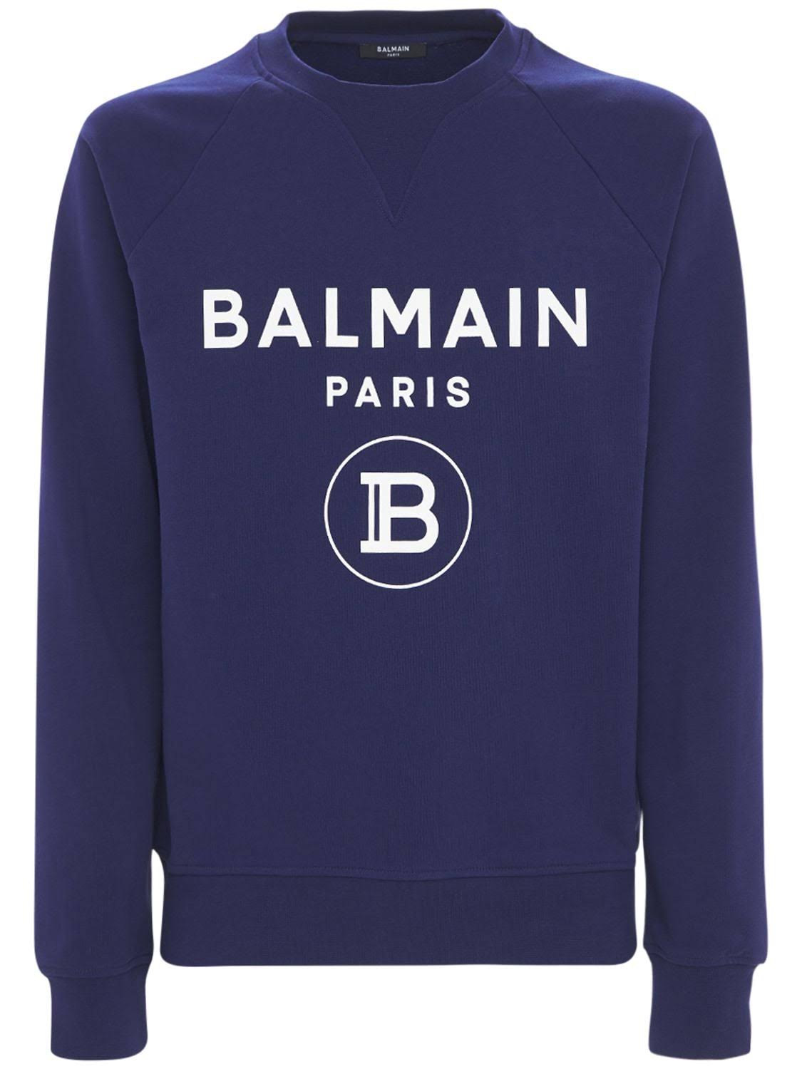 Balmain | Men Logo Print Cotton Jersey Sweatshirt Navy XXXL