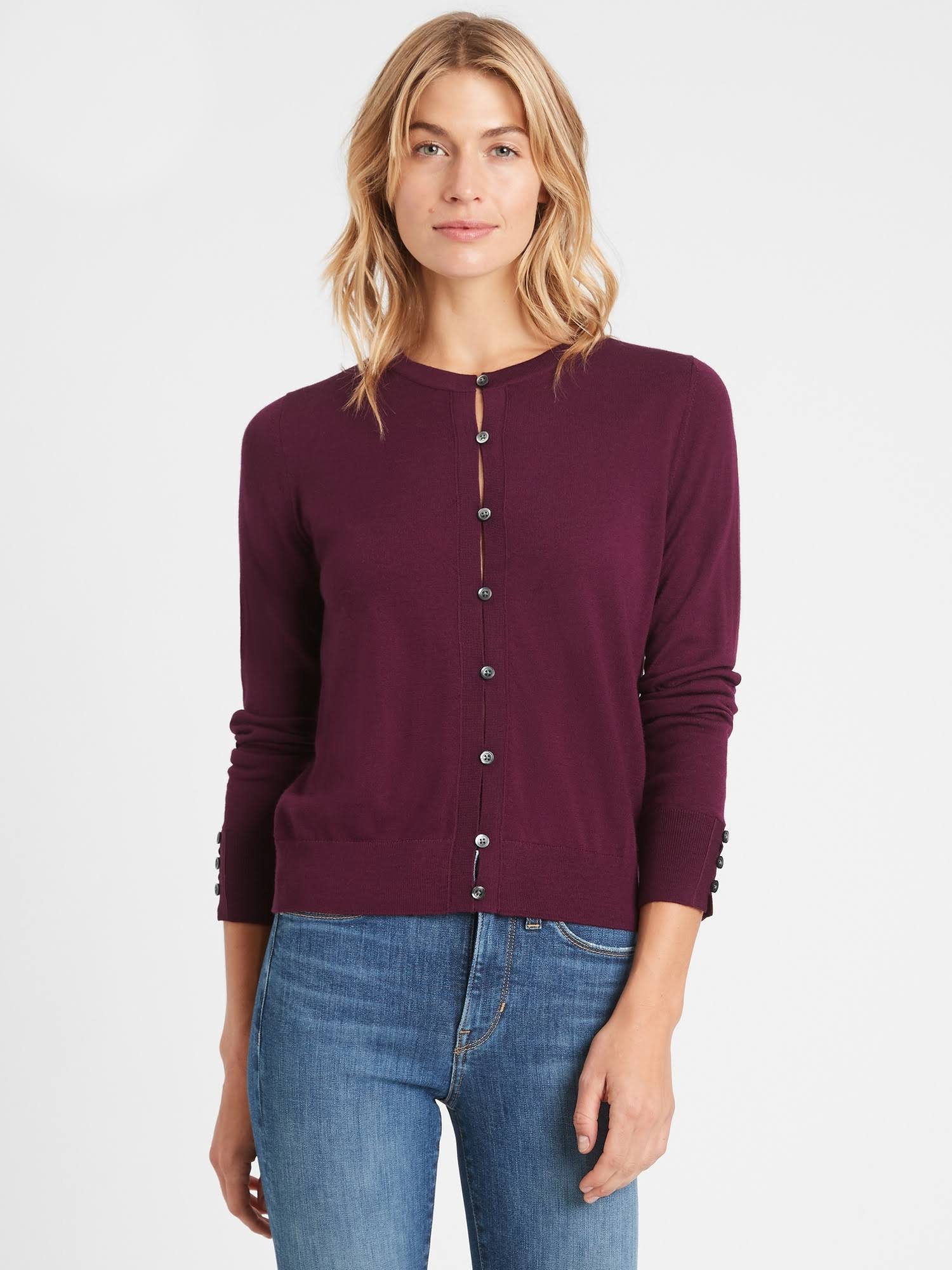Banana Republic Women's Merino Cardigan Sweater in Responsible Wool Red Wine Size Xs