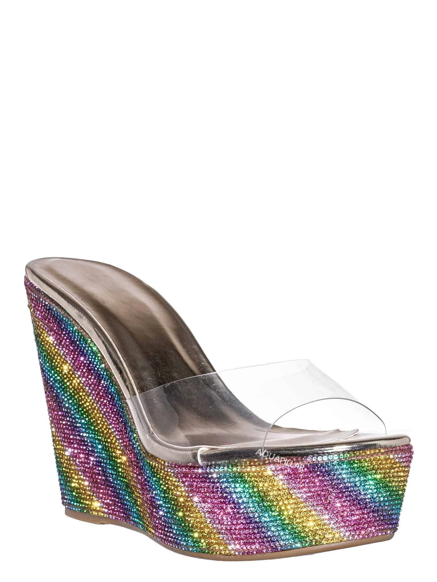 Bamboo Lucite Rhinestone Platform Wedge - Clear Transparent Slipper Sandal, Rainbow