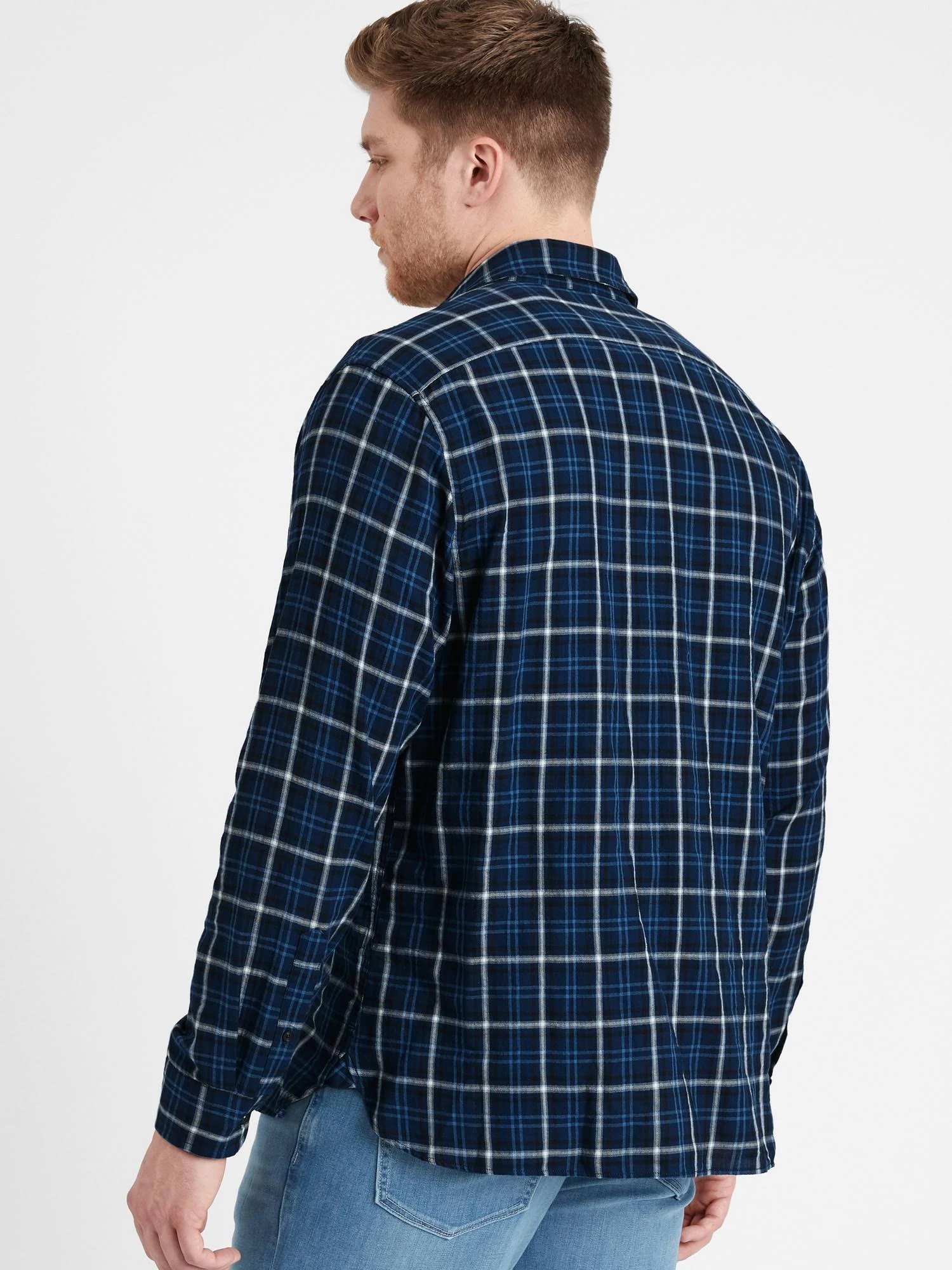 Banana Republic Men's Untucked Slim-Fit Crinkle Flannel Shirt Navy Plaid Size M