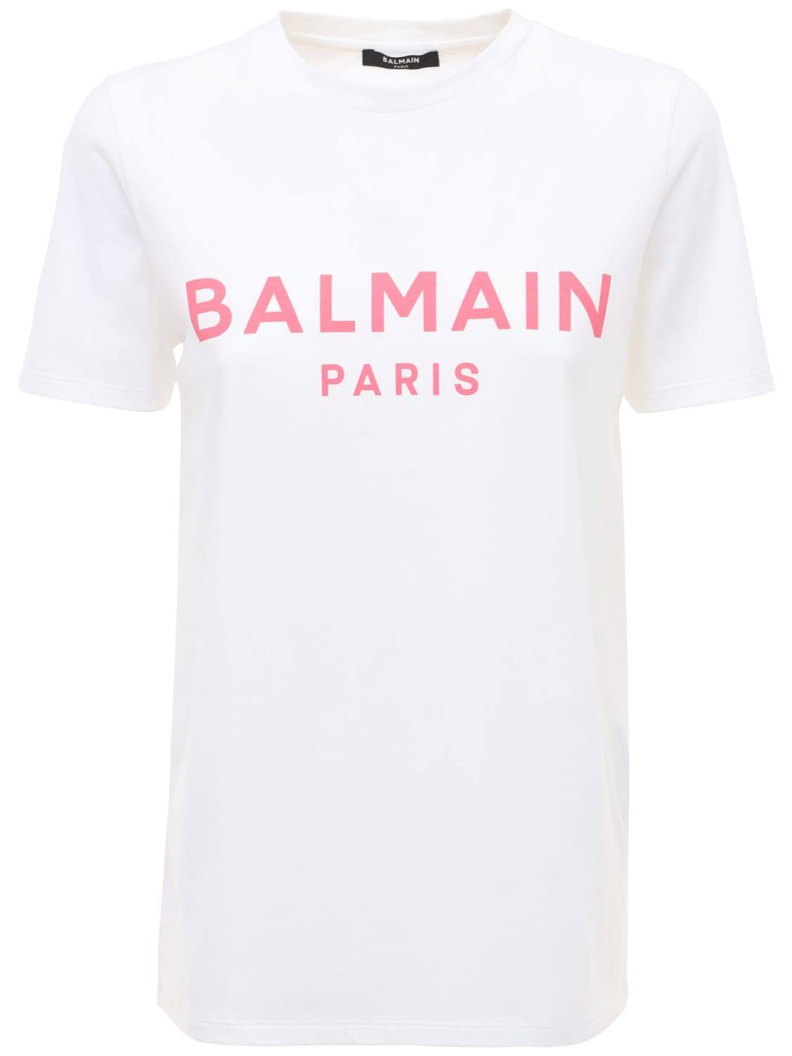 Balmain T-Shirt with Logo Print M White,Pink Cotton