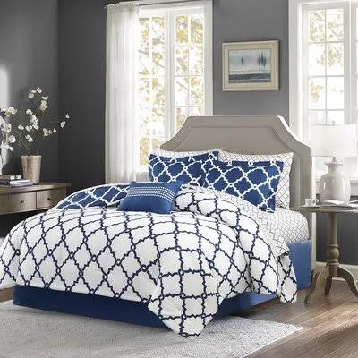 Reversible Comforter Set Size: King Comforter + 8 Additional Pieces, Color: Navy