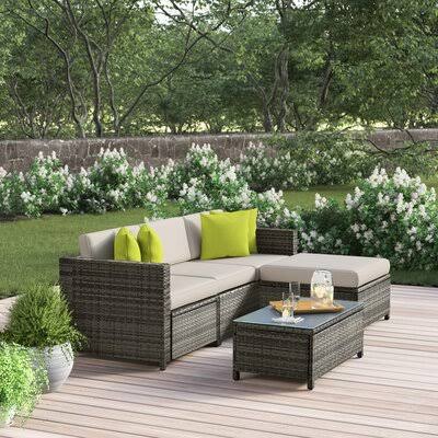 Carmelo 5 Piece Rattan Sectional Seating Group with Cushions Frame Finish: Gray