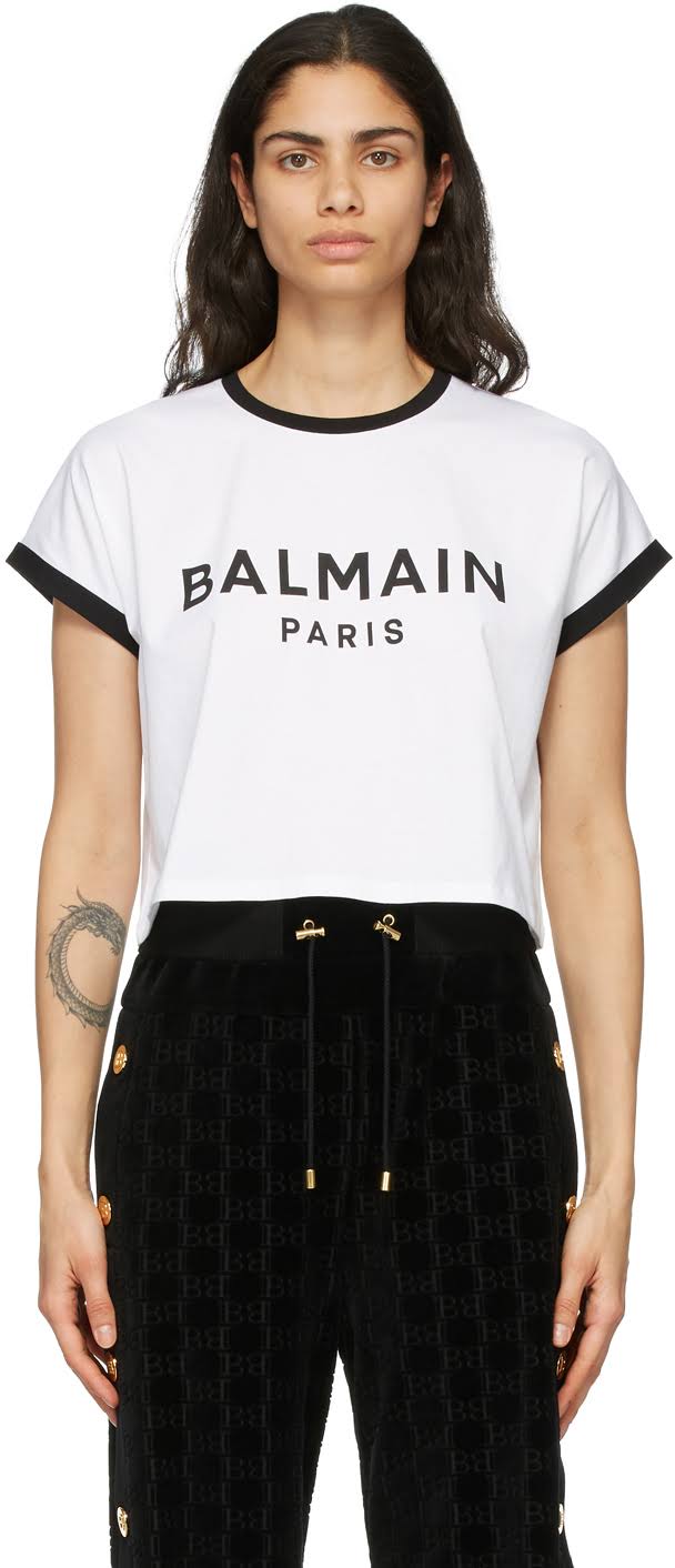 Balmain White & Black Cropped Flocked Logo T-Shirt