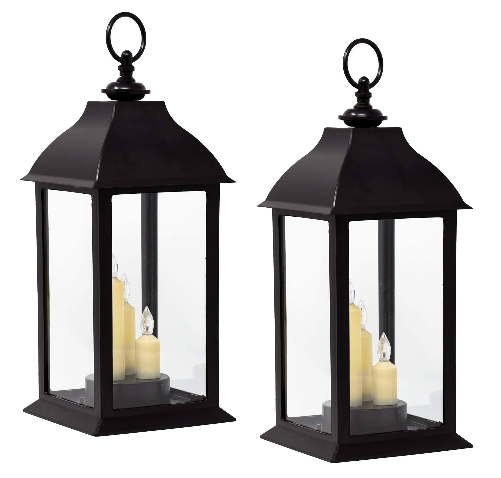 Decorative LED Black Lanterns - Set of 2 Lanterns with Three Flameless Candles and 5-hour Timers Indoor/Outdoor Approx. 13 Inche